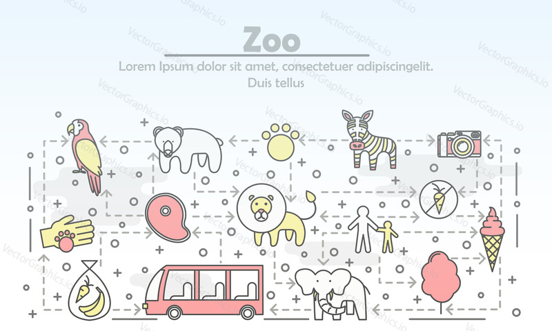 Zoo reklamní vektorové plakát banner šablona. Medvěd slon zebra, papoušek, Lev, zmrzlina kužel, autobus, kamera, návštěvníci, krmivo pro zvířata, cukrová vata. Tenké čáry art ploché ikony pro web, tištěné materiály.