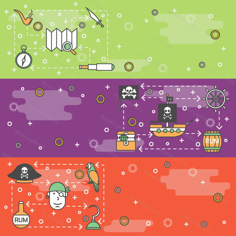 Pirates vector web banner template set. Pirate hat, ship, treasure chest, flag, rum barrel, spyglass, skull and bones, map, compass, parrot steering wheel, hook, smoke pipe thin line art flat icons.