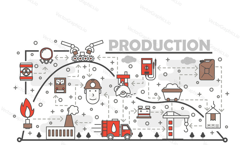 Production poster banner template. Heavy industry manufacturing, power plant, mining fossil fuels vector thin line art flat style design elements, icons for web banners and printed materials.