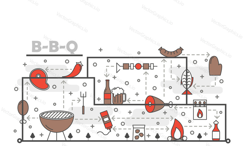 Barbeque vector poster banner template. Bbq grilled meat, fish, sauce, chili, beer and grilling equipment thin line art flat style design elements, icons for web banners, printed materials.