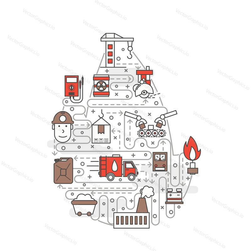 Burning flame shape poster banner template. Heavy industry manufacturing, power plant, mining fossil fuels vector thin line art flat style design elements, icons for web banners and printed materials.