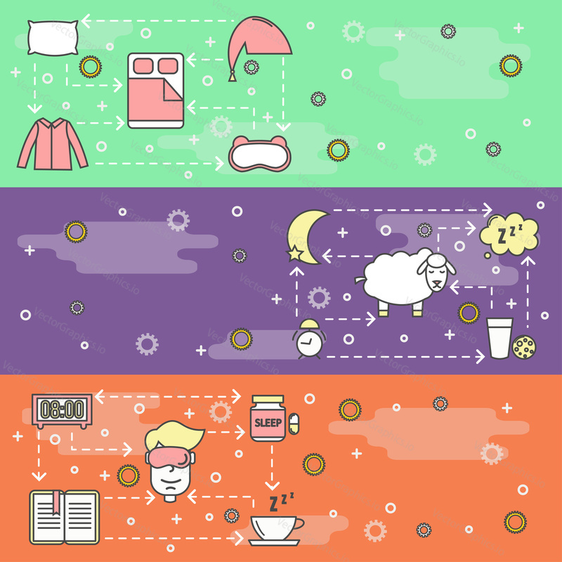 Sleep vector web banner template set. Spací postel, maska oblečení polštář, prášky, kniha, čaj, mléko, sušenky, budík, Ovce, zzz řeč bublina atd. Spánek a nespavost tenké linie umění ploché ikony.