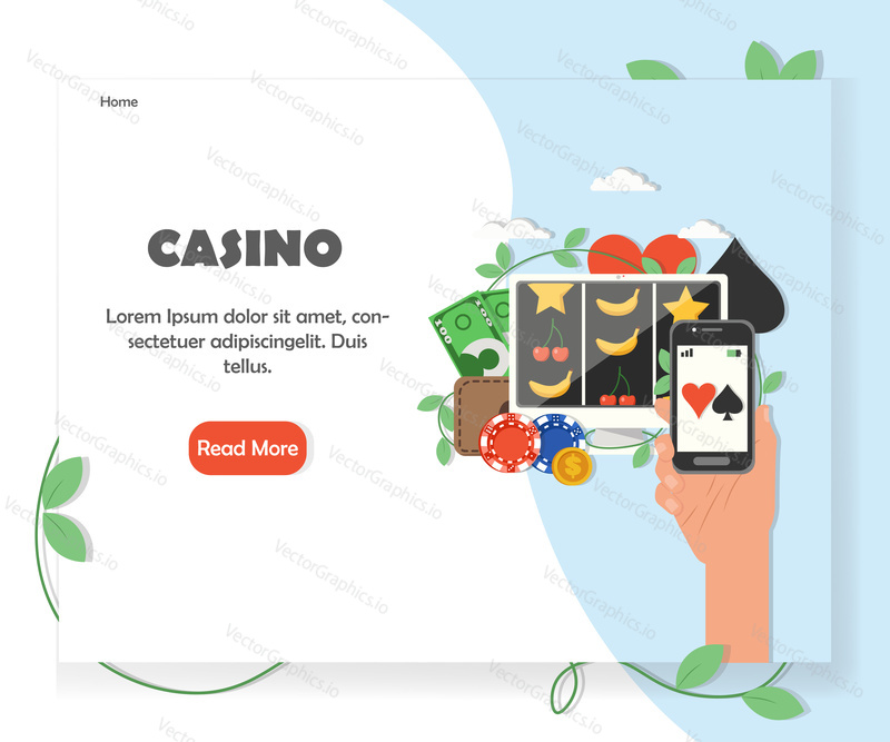 Online kasino webové stránky homepage šablona. Vektorový plochý designový prvek s kopírovacím prostorem a tlačítkem read more.