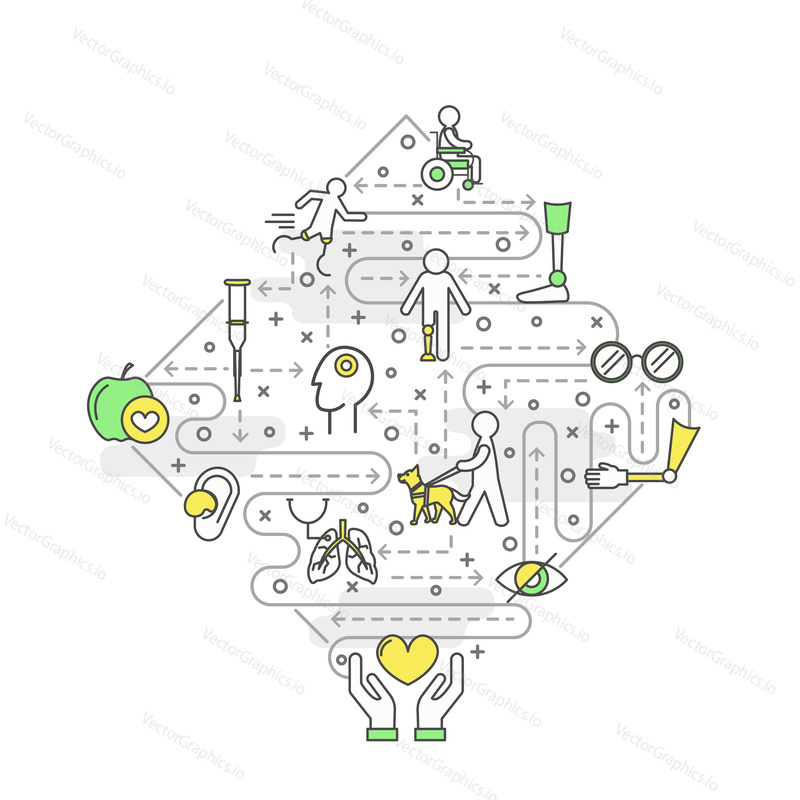 Disabled people vector poster banner template. Blind, handicapped man in wheelchair, runner on artificial legs, hearing aid, arm and leg prosthesis stick crutcher thin line flat icons in rhombus shape