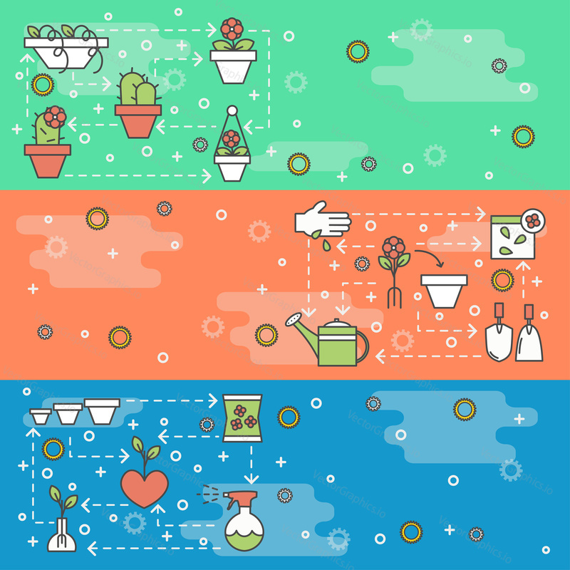 Domů květiny vektorové web banner šablony set. Pokojové rostliny v květináčích, klíčení semen, zahradnické nářadí tenká linie umění plochý styl designové prvky, ikony, kopírovat prostor.
