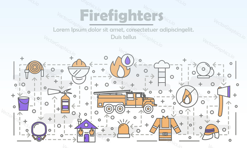 Firefighters advertising poster banner template. Fire engine, firefighting tools and equipment vector thin line art flat style design elements, icons for web banners and printed materials.