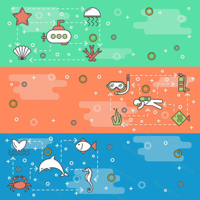 Sea world vector web banner šablony set. Medúzy, exotické ryby, delfín velrybí ocas, mořský koník, krab, Korály, mušle, podmořská šnorchlovací maska, potápěč aqualung atd. tenké čáry umění ploché ikony.