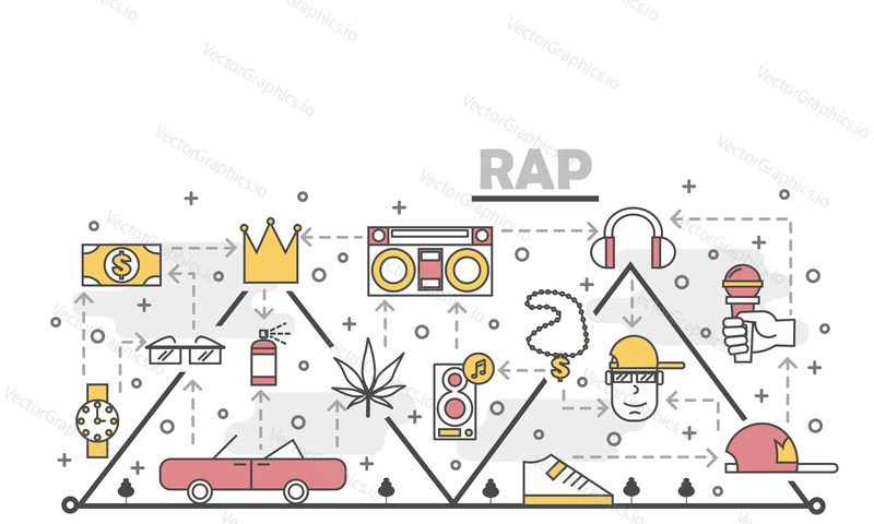 Rap music vektorové plakát banner šablona. Hip-hop hudba zpěvačka s doplňky řetěz brýle hodinky boty cap retro auto repráky mikrofon atd. Tenké čáry art ploché ikony pro web, tištěné materiály.
