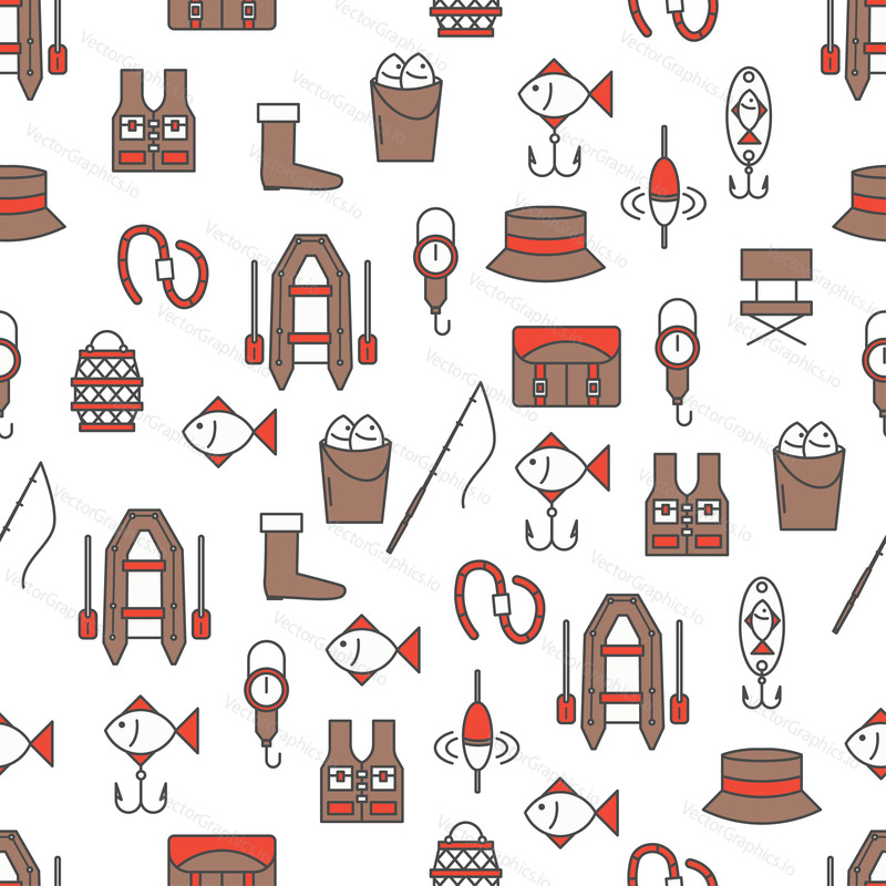 Vector seamless pattern with rubber boat, hat bag boot hook tackle bobber rod bait etc. Fisherman clothing, fishing gear and equipment. Thin line art flat style design fishing background, wallpaper.