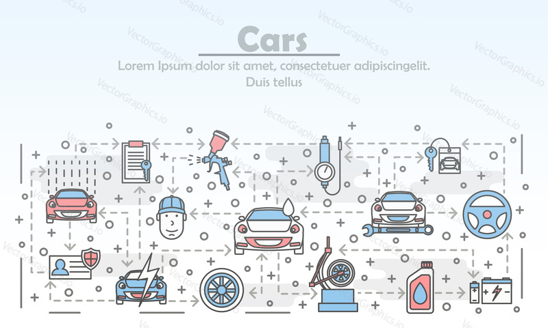 Car service advertising poster banner template. Vector thin line art flat style design elements, icons for web banners and printed materials.