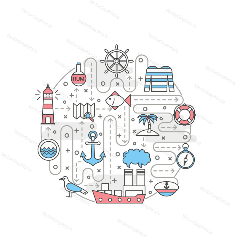 Sailor vector poster banner template. Nautical marine navigation symbols, sea captain accessories. Thin line art flat icons in circle for web banners, printed materials.
