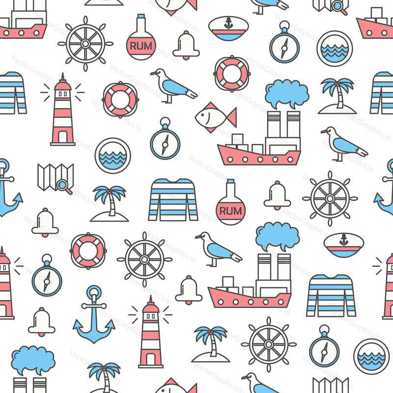 Vector seamless pattern with nautical marine navigation symbols, sea captain accessories. Thin line art flat style design sailor background, wallpaper.