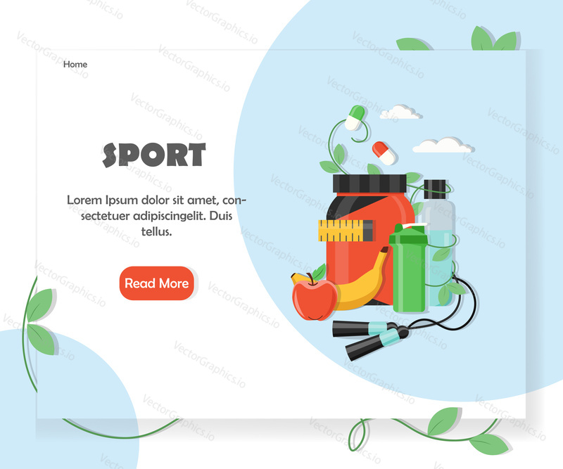 Šablona domovské stránky sportovního webu. Vektorový plochý designový prvek s kopírovacím prostorem a tlačítkem read more.