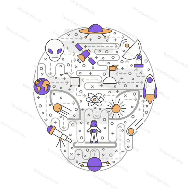 Alien head shaped poster banner template. Space items rocket, planets, spaceship, telescope, astronaut etc. vector thin line art flat style design elements, icons for web banners and printed materials