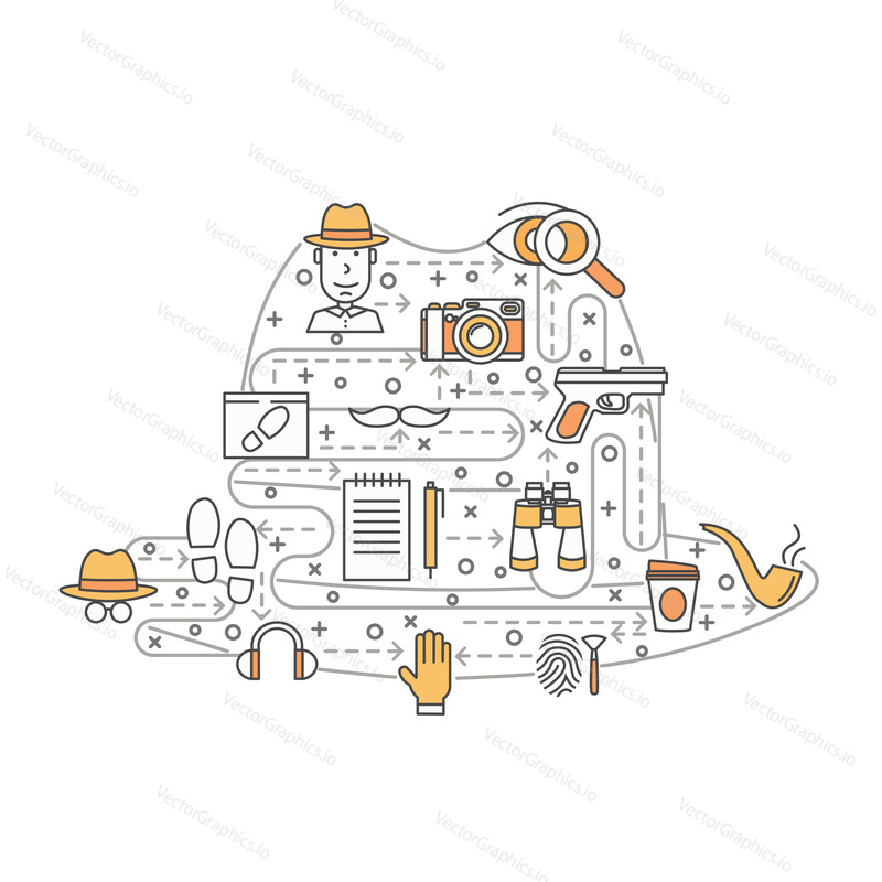 Detective hat shape vector poster banner template. Private investigator, camera, binoculars, gun, shoe prints, fingerprints, tobacco pipe thin line art flat icons for web banners and printed materials
