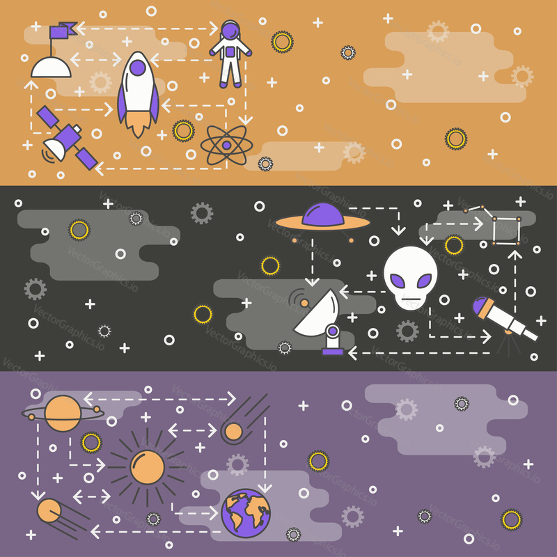 Space vector web banner template set. Space items rocket, planets, spaceship, telescope, astronaut, Big Dipper constellation etc. Cosmos thin line art flat style design elements, icons, copy space.