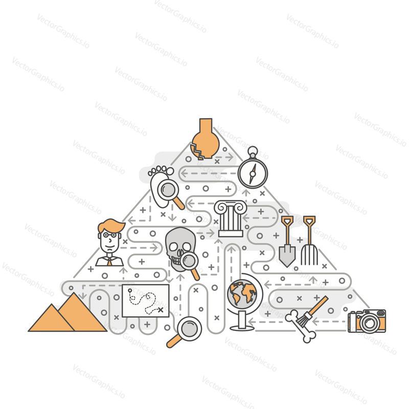 Starověký Egypt pyramida tvar plakát banner šablona. Archeologie vektorová tenká čára umění plochý styl designové prvky, ikony pro webové bannery a tištěné materiály.
