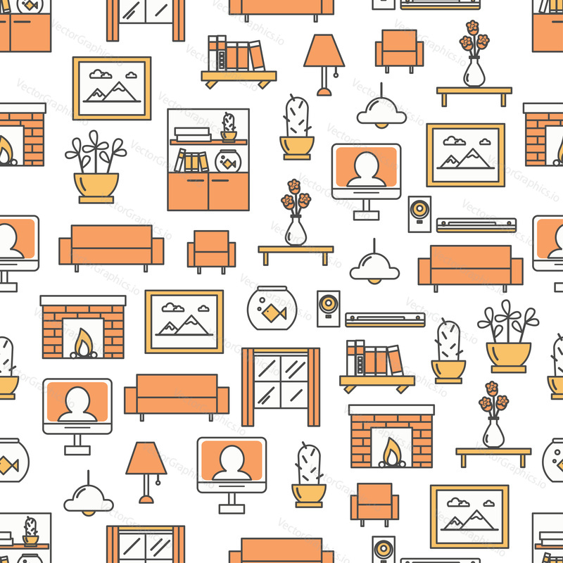 Vector seamless pattern with sitting room interior, furniture objects. Thin line art flat style design living room background, wallpaper.