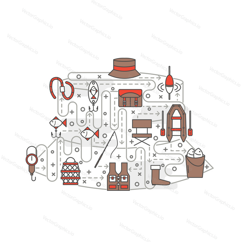 Fisherman hat shape vector poster banner template. Boat, hat bag boot hook tackle bobber rod bait etc. Fishman clothing, fishing gear and equipment thin line art flat icons for web, printed materials.