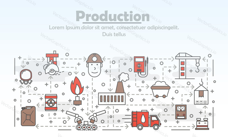 Výroba reklamní plakát banner šablona. Těžký průmysl výroba, elektrárna, těžba fosilních paliv vektorové tenké linie umění plochý styl designové prvky, ikony pro webové bannery, tištěné materiály.