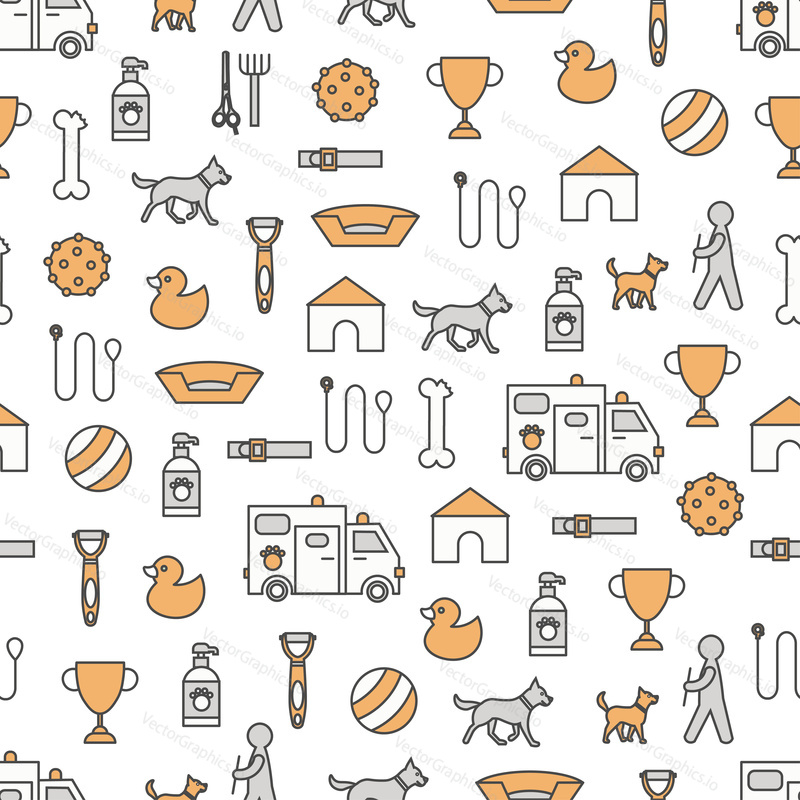 Vector seamless pattern with dog and puppy accessories leash, collar, toys, food bowl, doghouse, grooming tools and supplies. Thin line art flat style design dog training background, wallpaper.