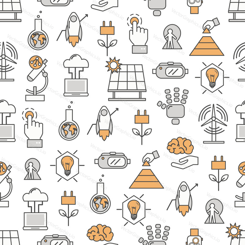 Vector seamless pattern with wind and solar panel energy, chemistry innovations etc. Thin line art flat style design science technology and innovation background, wallpaper.