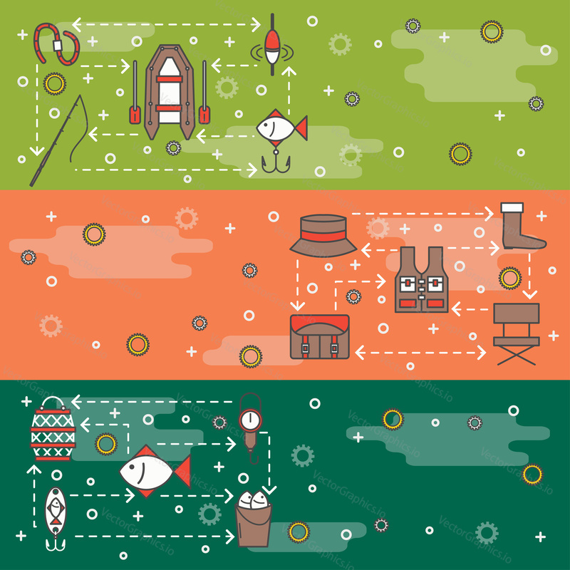 Fishing vector web banner template set. Rubber boat, hat bag boot hook tackle bobber rod bait etc. Fisherman clothing, fishing gear and equipment thin line art flat icons.