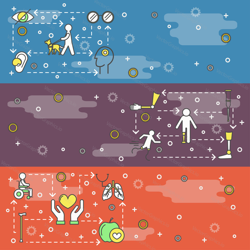 Disabled people vector web banner template set. Blind with guide dog, handicapped man in wheelchair, athlete on artificial legs, arm and leg prosthesis, hearing aid, crutcher thin line art flat icons.