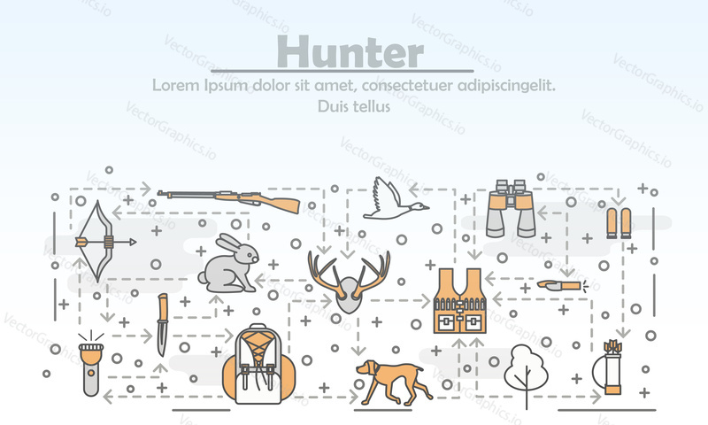 Hunter reklamní vektorové plakát banner šablony. Lov kachna, jelen, zajíc zařízení a příslušenství. Tenké čáry art plochý styl design ikony pro webové bannery, tištěné materiály.