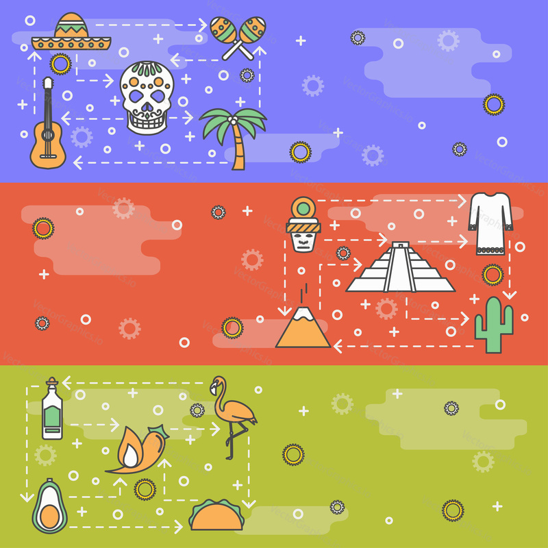 Mexico vector web banner template set. Mexican culture and cuisine symbols sombrero maracas guitar cactus mayan pyramid flamingo sugar skull tequila taco avocado chili etc. thin line art flat icons.