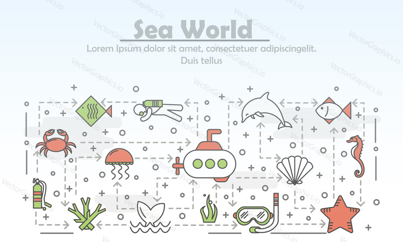 Sea world reklamní vektorové plakát banner šablony. Medúzy ryby delfín, velrybí ocas, mořský koník krab Korály mušle ponorka potápěč atd. Tenké čáry art ploché ikony pro web a tiskovin.