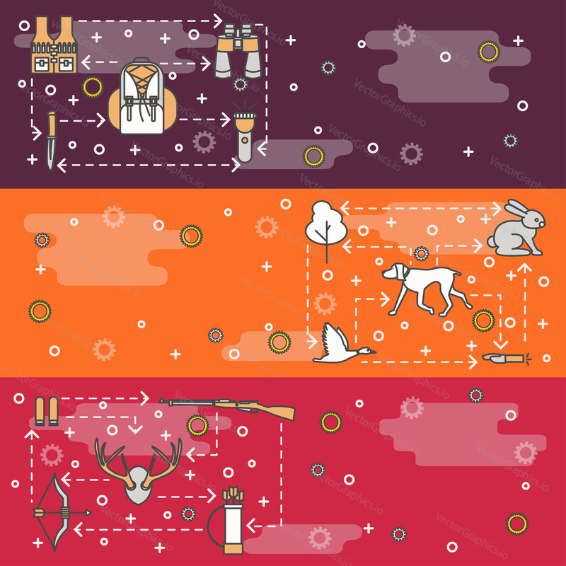 Hunter vektor web banner šablony set. Lov kachna, jelen, zajíc zařízení a příslušenství tenká linie umění plochý styl design ikony.