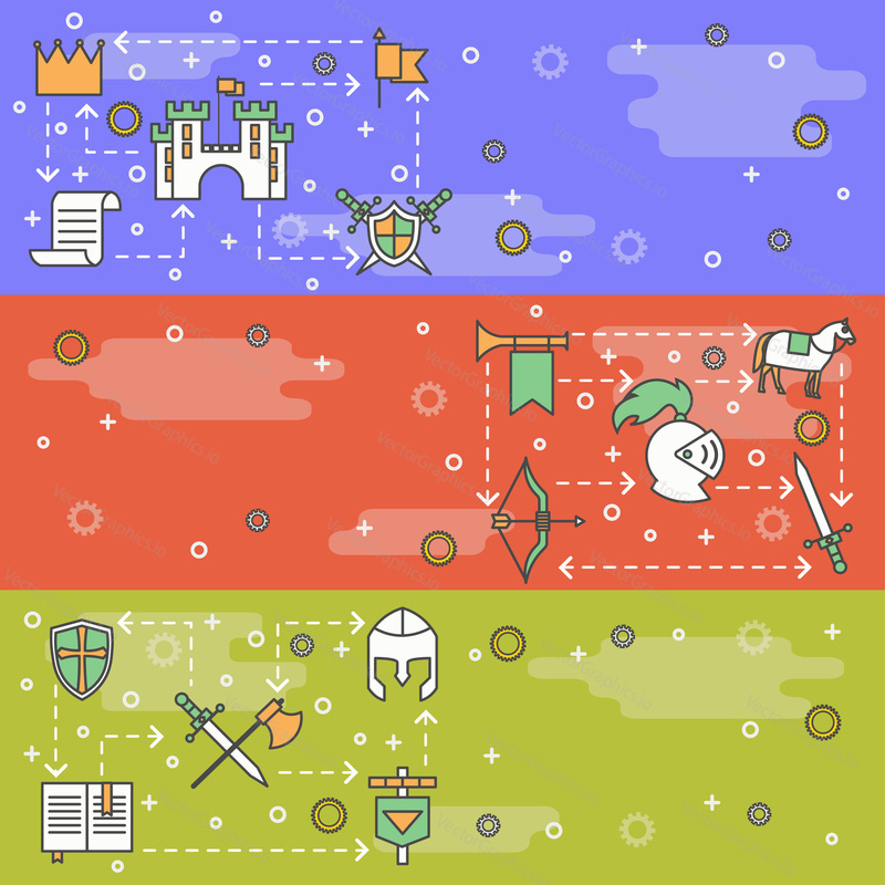Medieval knights vector web banner template set. Middle ages warrior knight clothing, armor and weapons, horse, castle etc. thin line art flat icons.