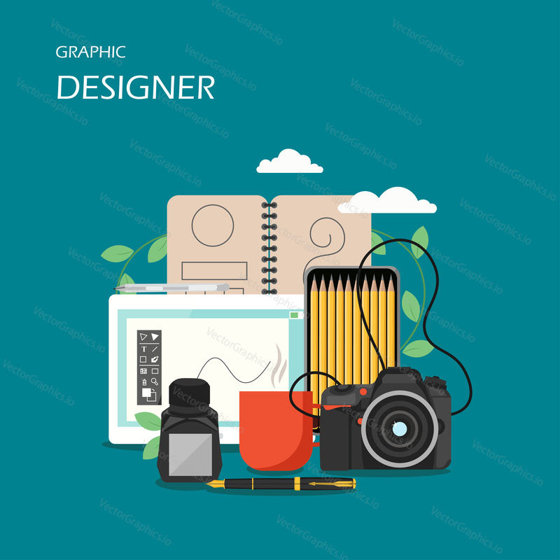Grafický designér vektorový plochý design ilustrace. Grafický tablet, fotoaparát, tužky, poznámkový blok, inkoust, inkoustové pero. Designové pracoviště s nástroji a příslušenstvím pro webový banner, webovou stránku atd.