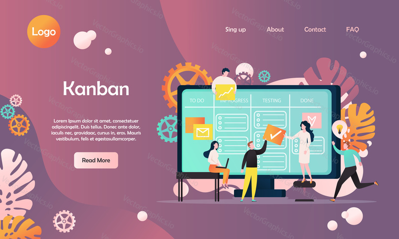 Векторный шаблон веб-сайта Kanban, дизайн веб-страницы и целевой страницы для разработки веб-сайтов и мобильных сайтов. Команда программистов разрабатывает программное обеспечение с использованием гибкой методологии kanban электронная доска задач.
