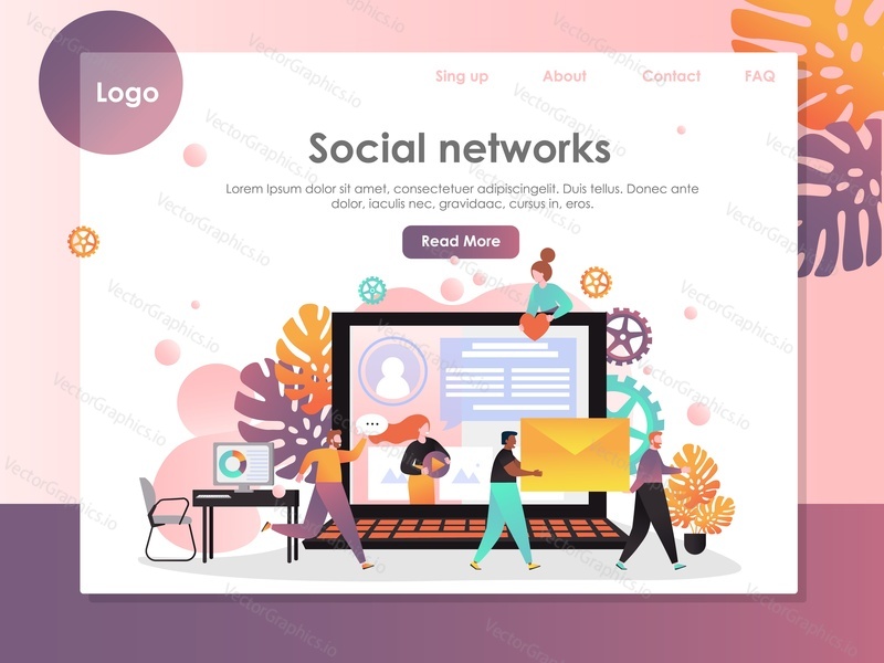 Sociální sítě vektorová webová šablona, webová stránka a design vstupní stránky pro vývoj webových stránek a mobilních stránek. Služby sociálních médií, komunikace, povídat si, video, zprávy, koncepty zpráv.