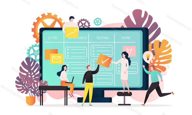 Vector illustration of big computer and programmer team moving cards on electronic kanban task board. Online kanban board app, agile visual project management method, teamwork concepts.