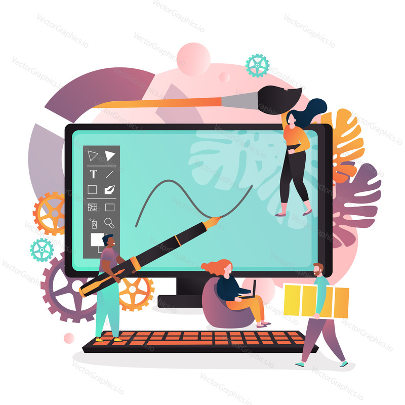 Vektorová ilustrace týmu grafického designéra, počítače, kreslicích nástrojů a příslušenství. Design studio nebo koncept agenturních služeb pro webový banner, webovou stránku atd.