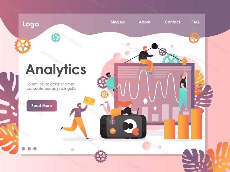 Analytics vector website template, web page and landing page design for website and mobile site development. Group of analysts analysing statistical data to make strategic business decisions.