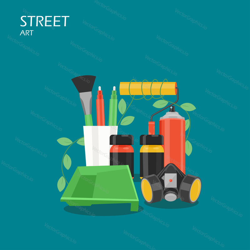 Street art vector flat style design illustration. Paint spray can and jars, brush, markers, mask, paint roller and tray. Graffiti art tools and accessories for web banner, website page etc.