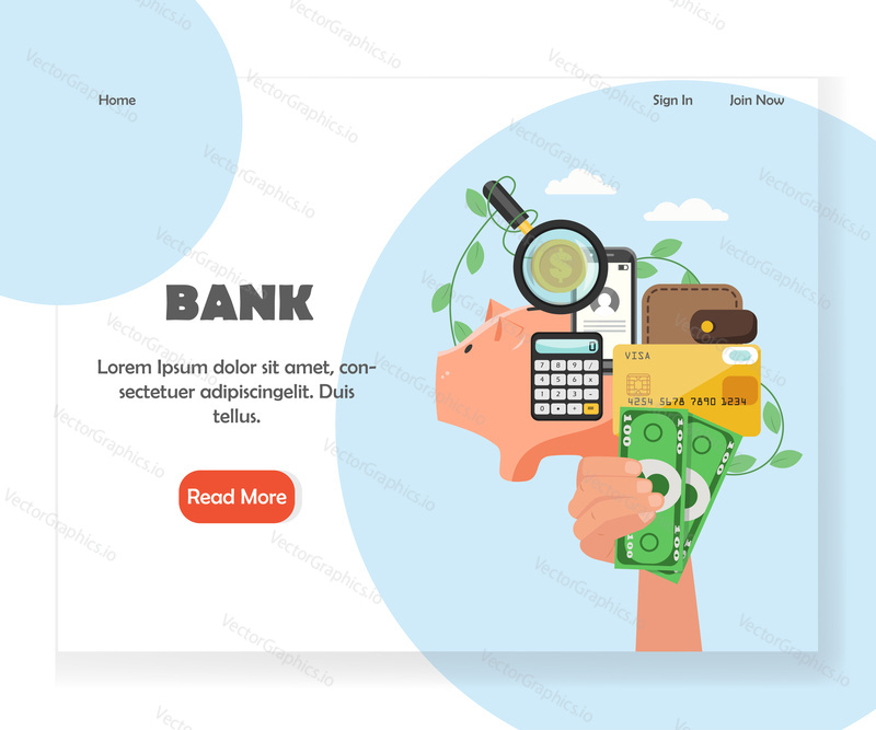 Šablona webových stránek Bank vector, design webových stránek a vstupních stránek pro vývoj webových stránek a mobilních stránek. Ruka drží peníze, kreditní kartu, prasátko, peněženku, kalkulačku atd. Spolehlivý koncept úspor.