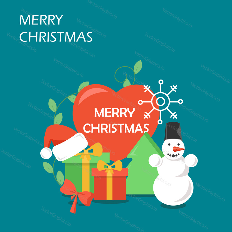 Merry Christmas vector flat style design illustration. Santa hat, gift boxes, snowman, snowflake, christmas tree and big red heart. Winter holidays composition for web banner, website page etc.