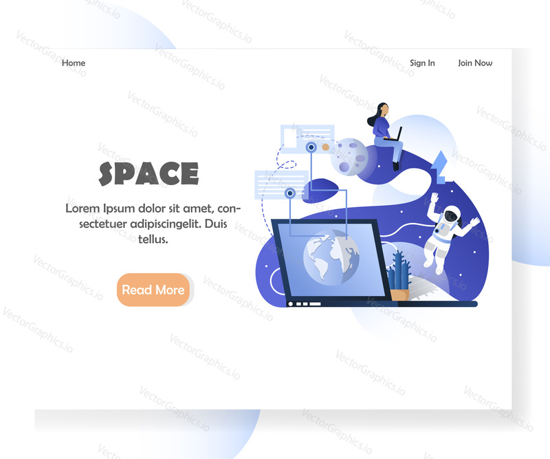 Šablona vstupní stránky prostoru. Vektorová ilustrace mladé ženy a Astronauta z Měsíce komunikující přes internet. Koncepce prostorových komunikačních technologií pro vývoj webových stránek a mobilních stránek
