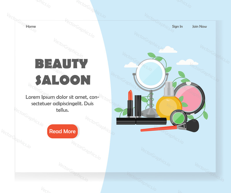 Beauty saloon vektorová webová šablona, webová stránka a design vstupní stránky pro vývoj webových stránek a mobilních stránek. Kosmetický salon, make up studio services concept