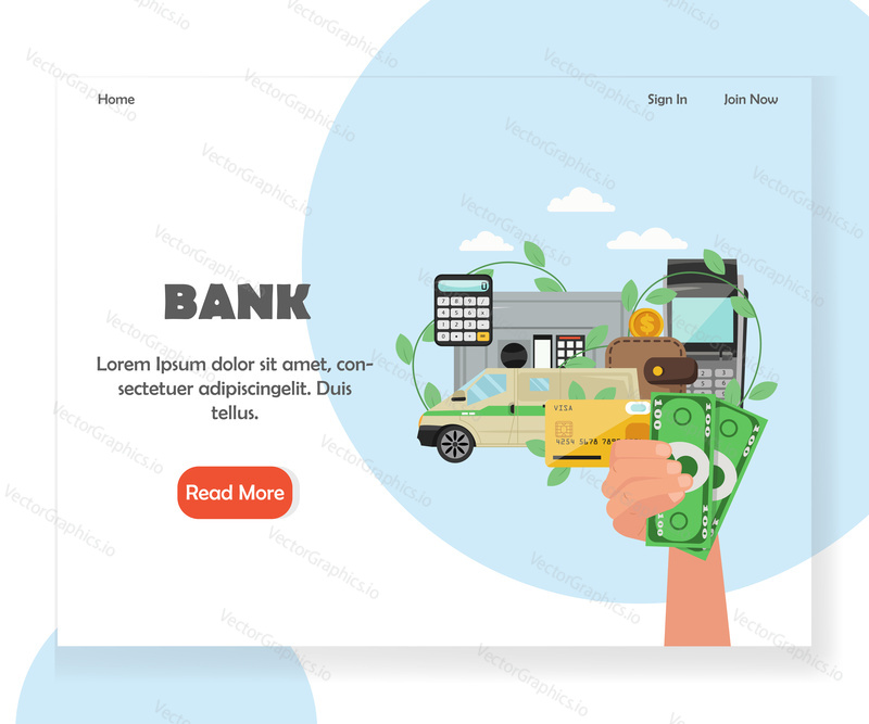 Šablona webových stránek Bank vector, design webových stránek a vstupních stránek pro vývoj webových stránek a mobilních stránek. Ruční držení peněz, trezor, plastová karta, kalkulačka atd. Spolehlivý bankovní koncept.