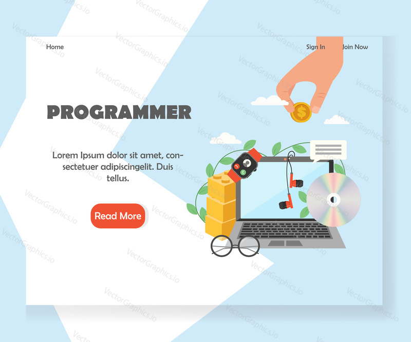 Šablona vstupní stránky programátoru. Koncept designu vektorového plochého stylu pro vývoj webových stránek pro vývojáře softwaru a vývoj mobilních stránek. Laptop, sluchátka, chytré hodinky, kompaktní disk, ruční držení dolarové mince.