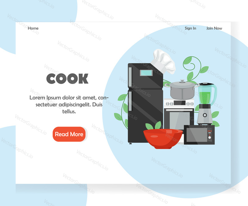 Cook šablona vstupní stránky. Koncept designu vektorového plochého stylu pro vývoj webových stránek a mobilních stránek. Kuchyňské náčiní a domácí spotřebiče.