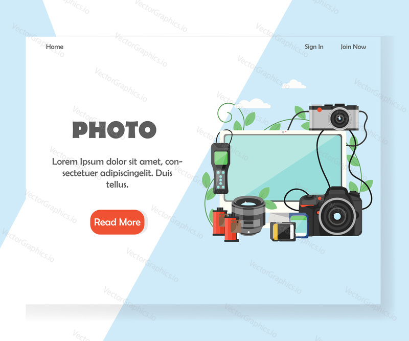 Šablona vstupní stránky fotografie. Koncept designu vektorového plochého stylu pro web fotografa a vývoj mobilních stránek. Počítač, fotoaparát, digitální fotoaparát, fotografické filmy, paměťové karty.