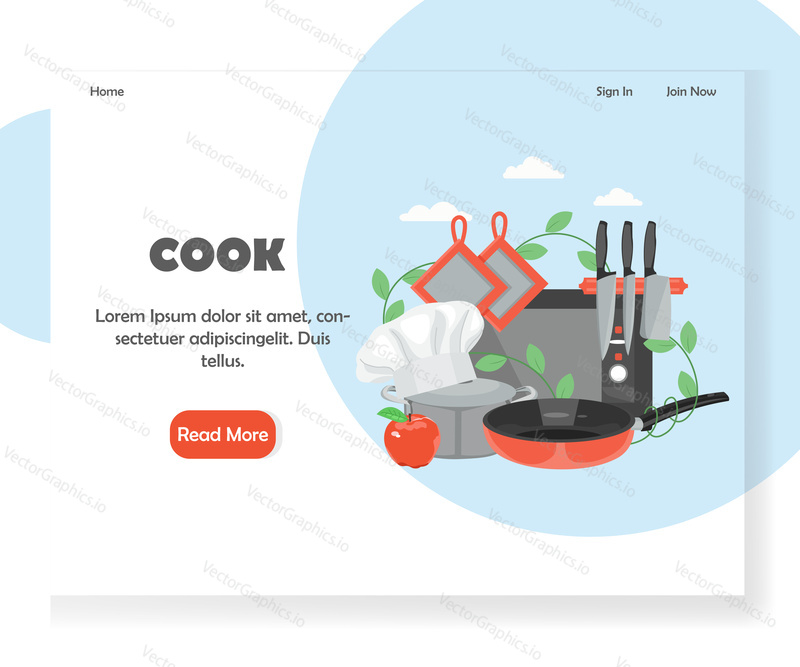 Cook šablona vstupní stránky. Koncept designu vektorového plochého stylu pro vývoj webových stránek a mobilních stránek. Kuchař klobouk, chňapky a nádobí pánev, hrnec, kuchyňské nože, trouba a chňapky.