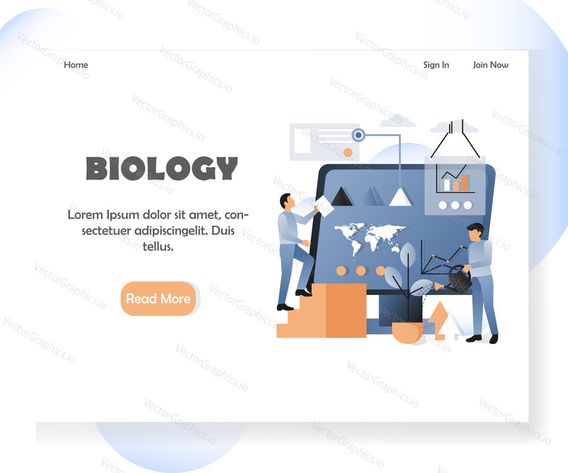 Šablona vstupní stránky biologie. Vektorová ilustrace biologů využívajících moderní technologie při práci ve vědecké laboratoři. Koncept biologického experimentu pro vývoj webových stránek a mobilních stránek